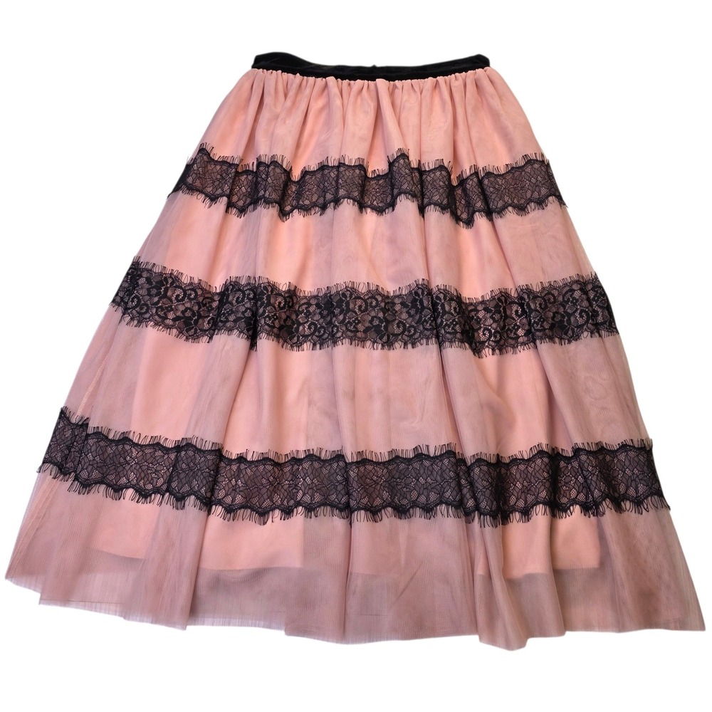 Rachel Parcell Pink Tulle Midi Skirt S Black  Eyelash‎ Velvet Waistband Romantic